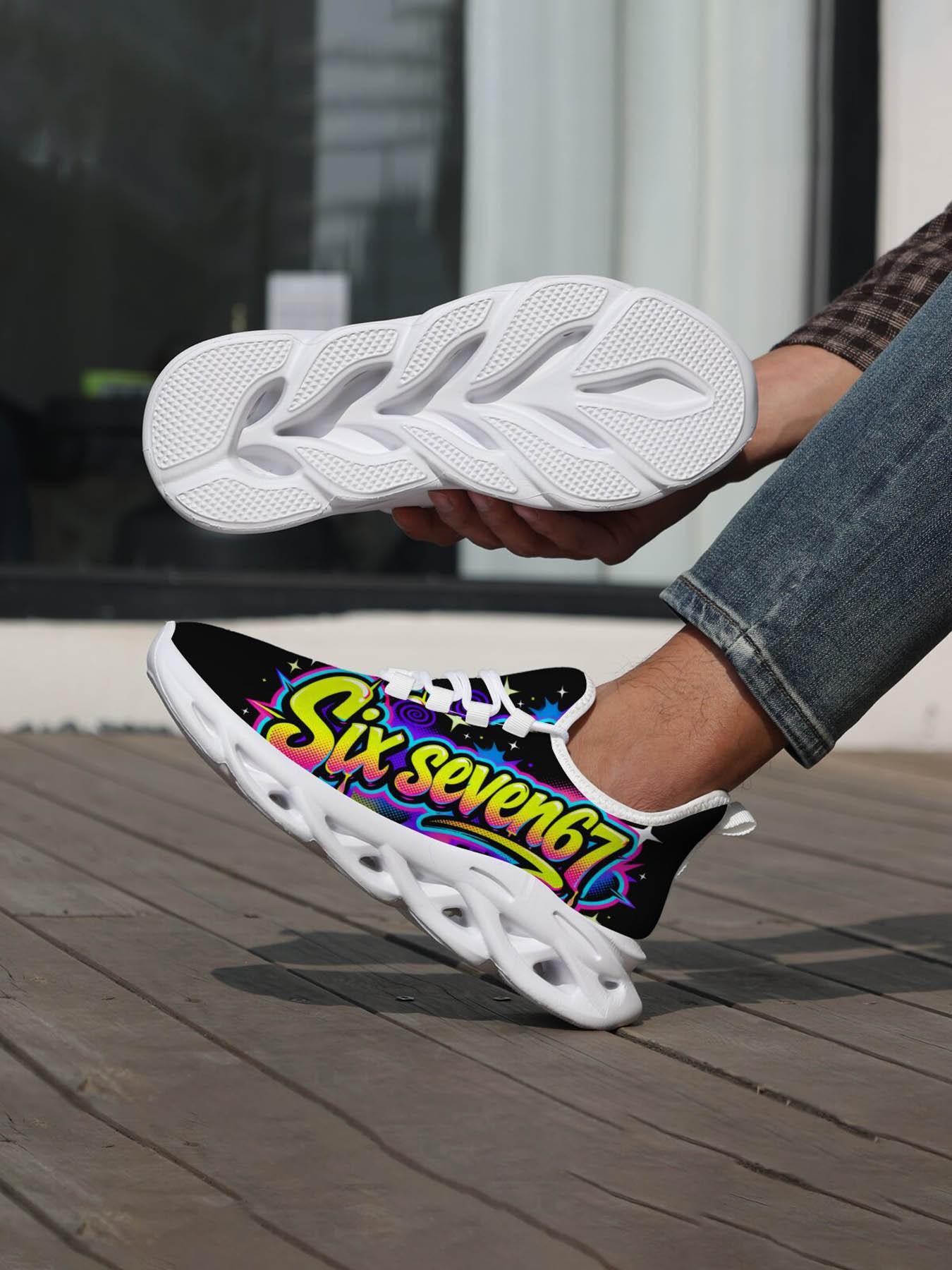 Exclusive Men's Colorful Sports Shoes, Abstract Art Print, Graffiti Style, Comfortable Thick Sole, Breathable Design, Street Fashion