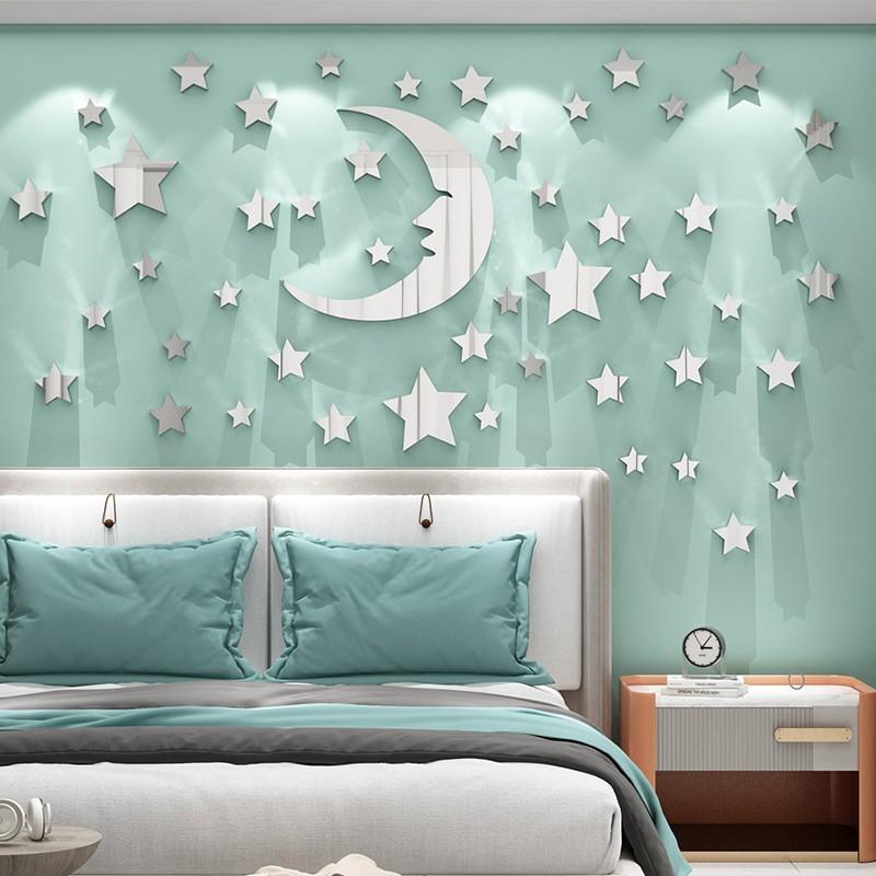 Moon & Stars Acrylic Mirror Wall Stickers, 3D Self-Adhesive DIY Celestial Mirror Wall Decals, Modern Nordic Style Shatterproof Wall Art Decor for Kids Room Bedroom Nursery, Make Room Look Bigger, Easy Install