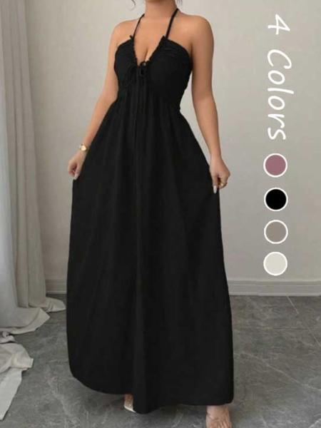 Women's A-Line Dress with Adjustable Straps, Stylish Lace-Up Detail for Summer, Casual Elegant Fashion for Women