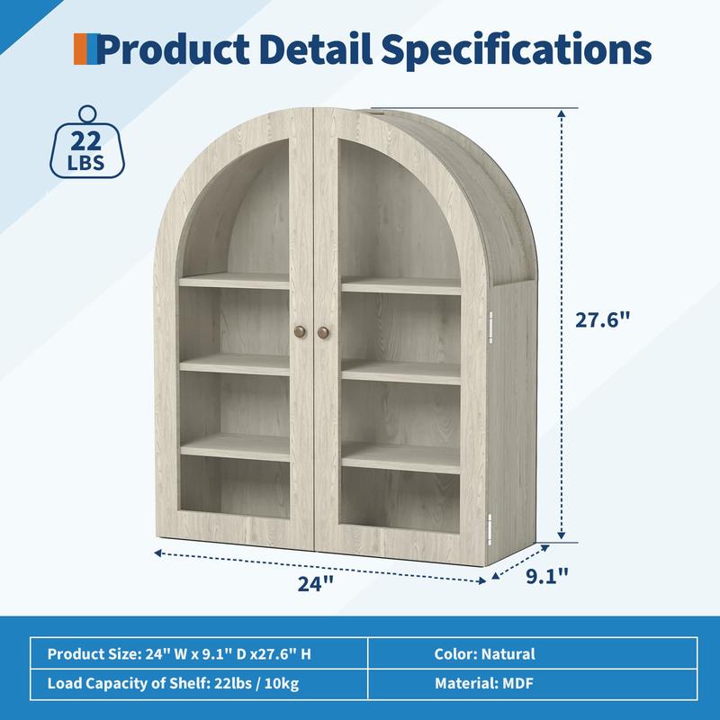 Small Arched Wall Cabinet with Acrylic Doors - 24" Wall-Mounted Storage Cabinet with Adjustable Shelf, Compact Space-Saving Design for Kitchen, Bathroom & Laundry Room