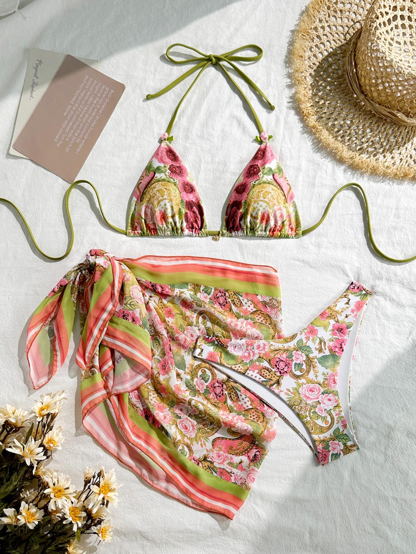 Women's Bohemian Style Bikini Set with Tie Straps, Chiffon Print Cover-Up, Full Body Print, Cute Knot Back, Summer Beachwear, Floral Bikini Swimsuit, Chic Swimsuit Set