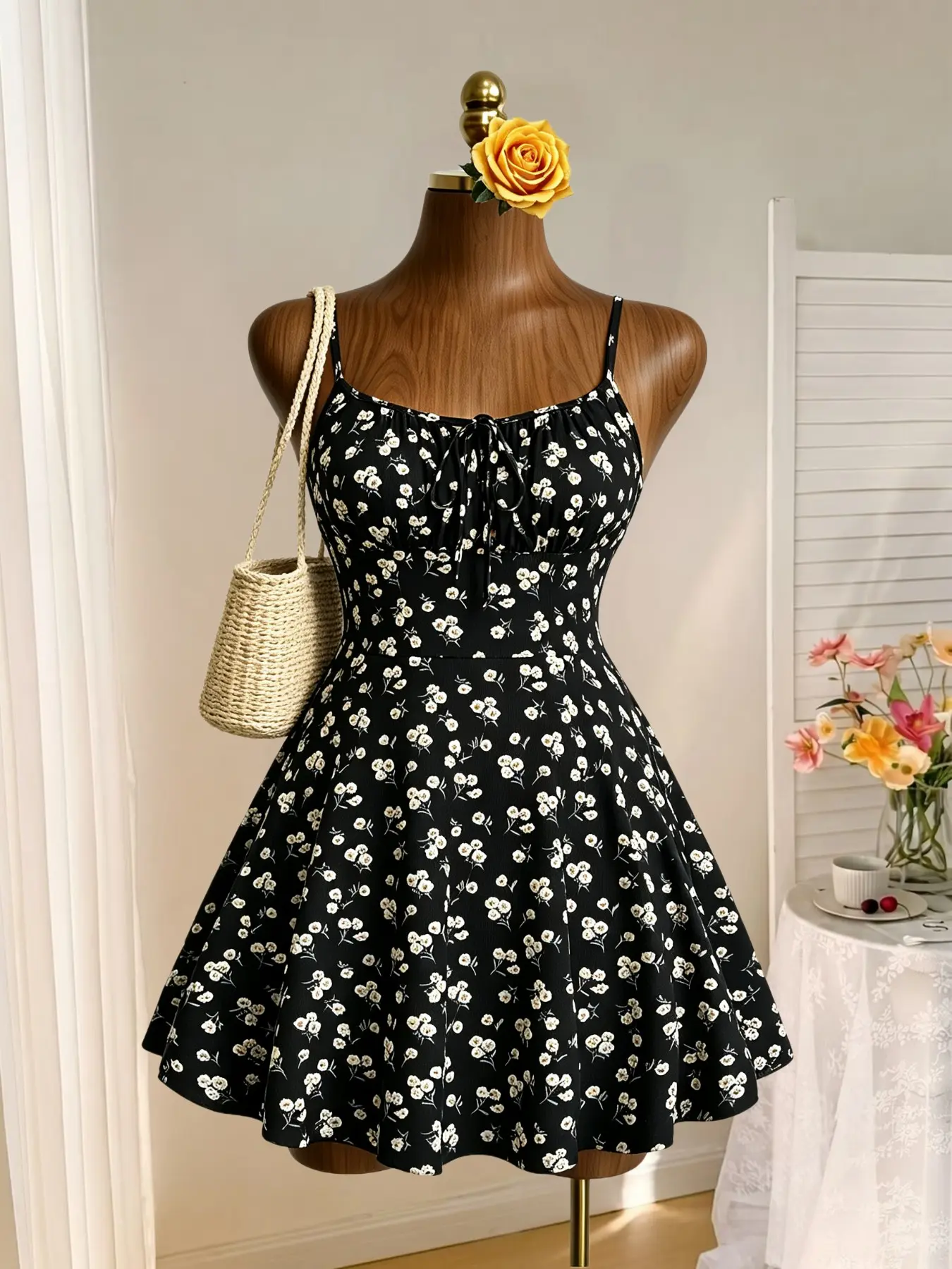 French Floral A-Line Halter Dress, Boho French Style, Summer Waist-Cinch Flared Style, Youthful Short Dress, Casual Slim-Fitting All-Over Print, Casual Wear