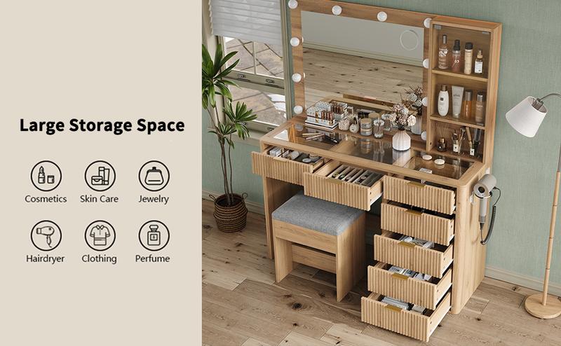 FUSOU 47'' W Fluted Vanity Desk, Makeup Vanity with Power Oultlet, 7 Drawers Vanity with 10 LED Lights and Mirror, 3 Lighting Modes Adjustable, Glass Top, Vanity with Chair for Bedroom, Natural