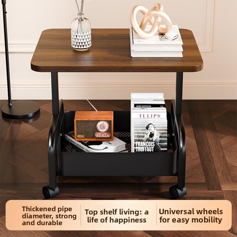 Vintage Style Movable Coffee Table Trolley Side Table, Living Room Sofa Storage Tea Cart with Wheels, Open Double-Layer Storage, Large Capacity, 360° Smooth Casters for Easy Movement