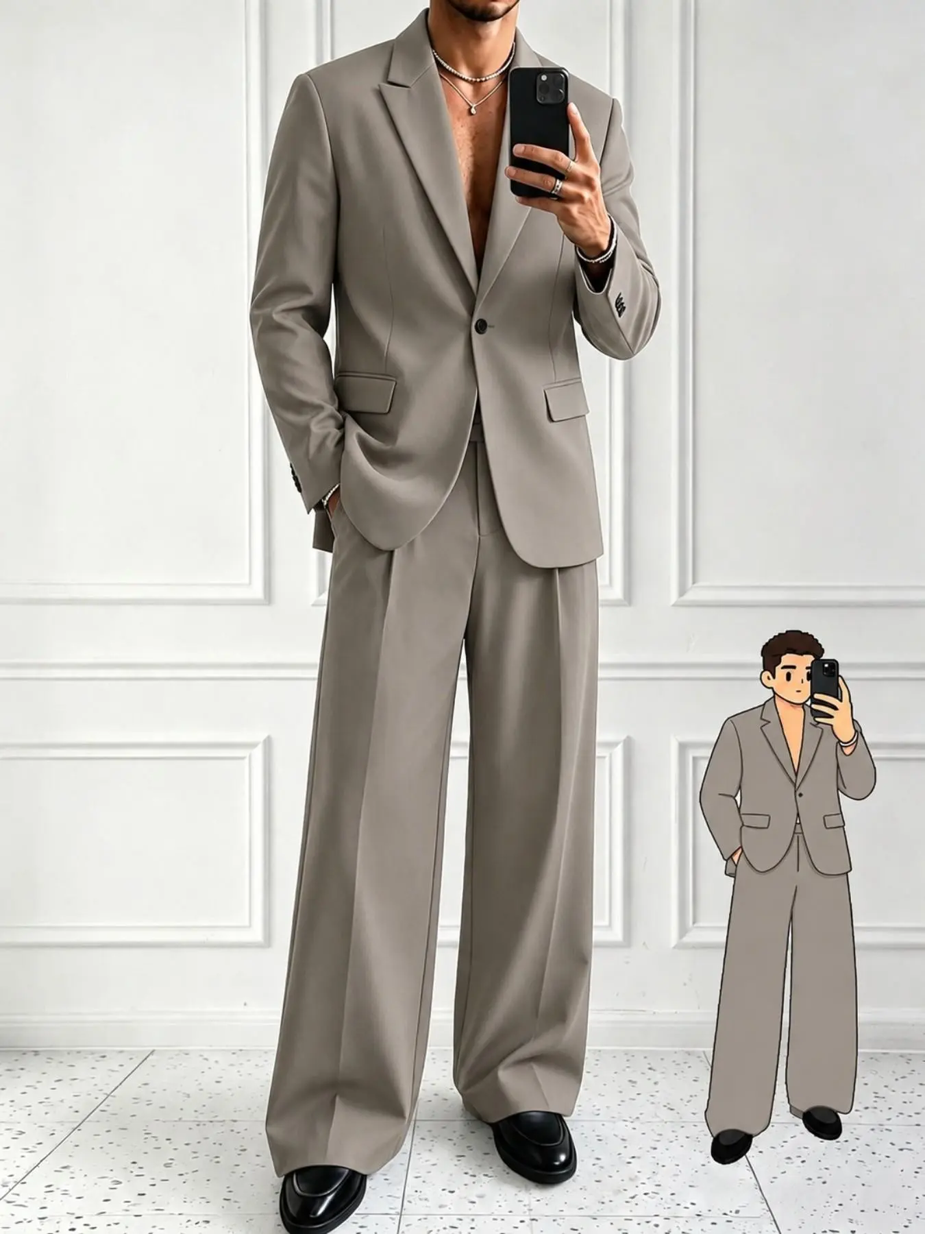 Men's Loose Fit Suit Set, Wide Leg Floor-Length Pants, Casual Vacuum Single Button Blazer, Two-Piece Suit, Trouser Suits, Comfortable and Stylish