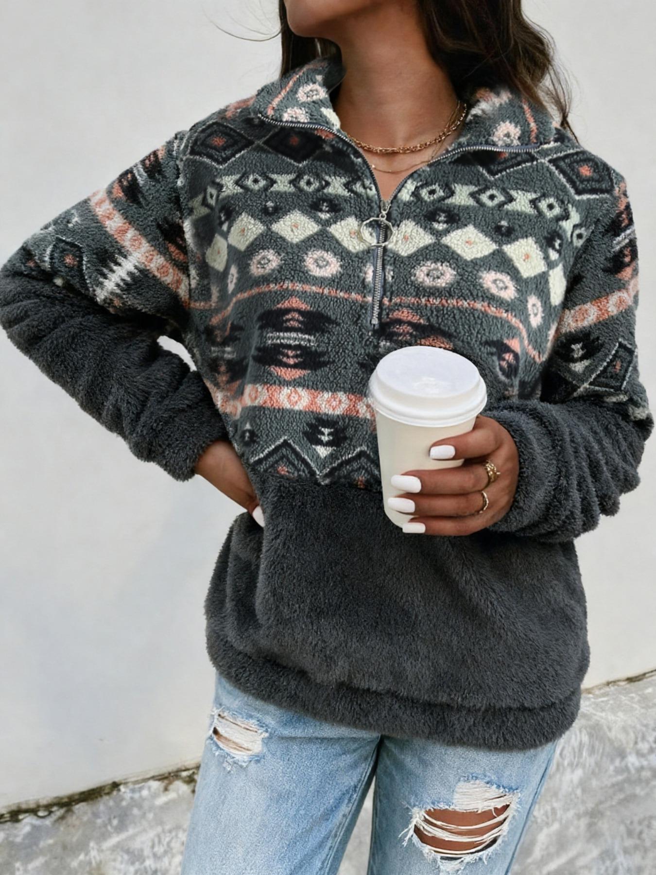 Women's Colorblock Geometric Print Drop Shoulder Zip Up Fuzzy Sweatshirt, Boho Long Sleeve Collared Polar Fleece Pullover for Fall & Winter, Ladies Clothes for Daily Wear