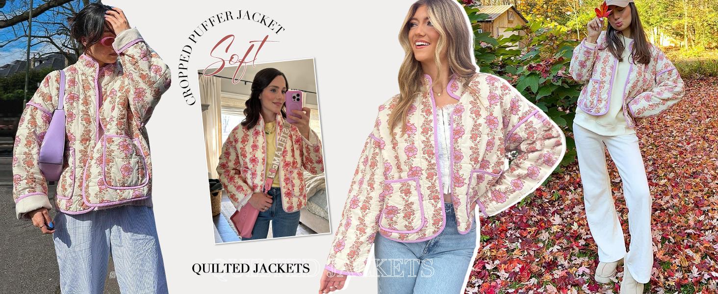 Yimoon Women's Cropped Puffer Jacket Lightweight Floral Print Long Sleeve Padded Quilted Puffy Cardigan Coat