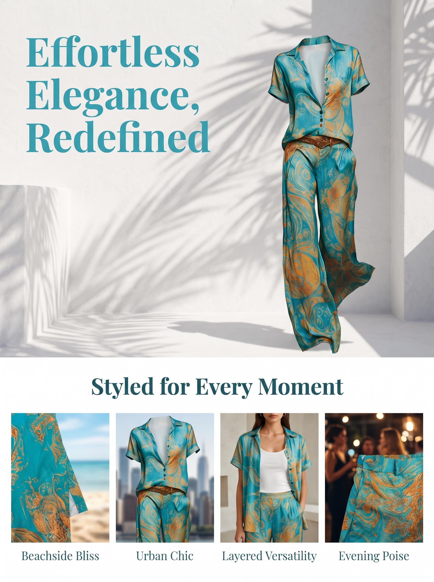 Faith's Exclusive Casual Vacation Chic Geometric Blouse with Pocket Straight Pants, No Belt Included, Perfect for Leisure Wear Clothes