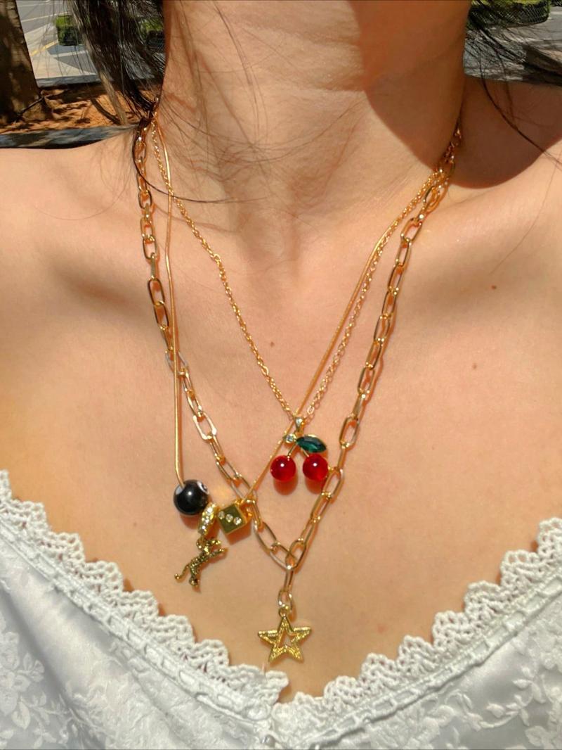 Women's Retro Star Cherry Pendant Necklace Set, Trendy Multi-Layered Design for Daily Wear & Parties, Perfect Gift for Her, Layered Necklaces