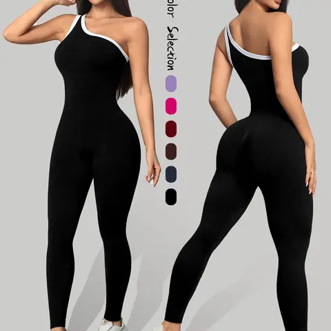 Women's Colorblock Sporty Jumpsuit, Activewear Jumpsuit, Yoga & Casual Wear, Above the Ankle Design, All Seasons Fashion, Athleisure Style, Comfortable One-Piece, Sports Jumpsuits, Sportswear Jumpsuit