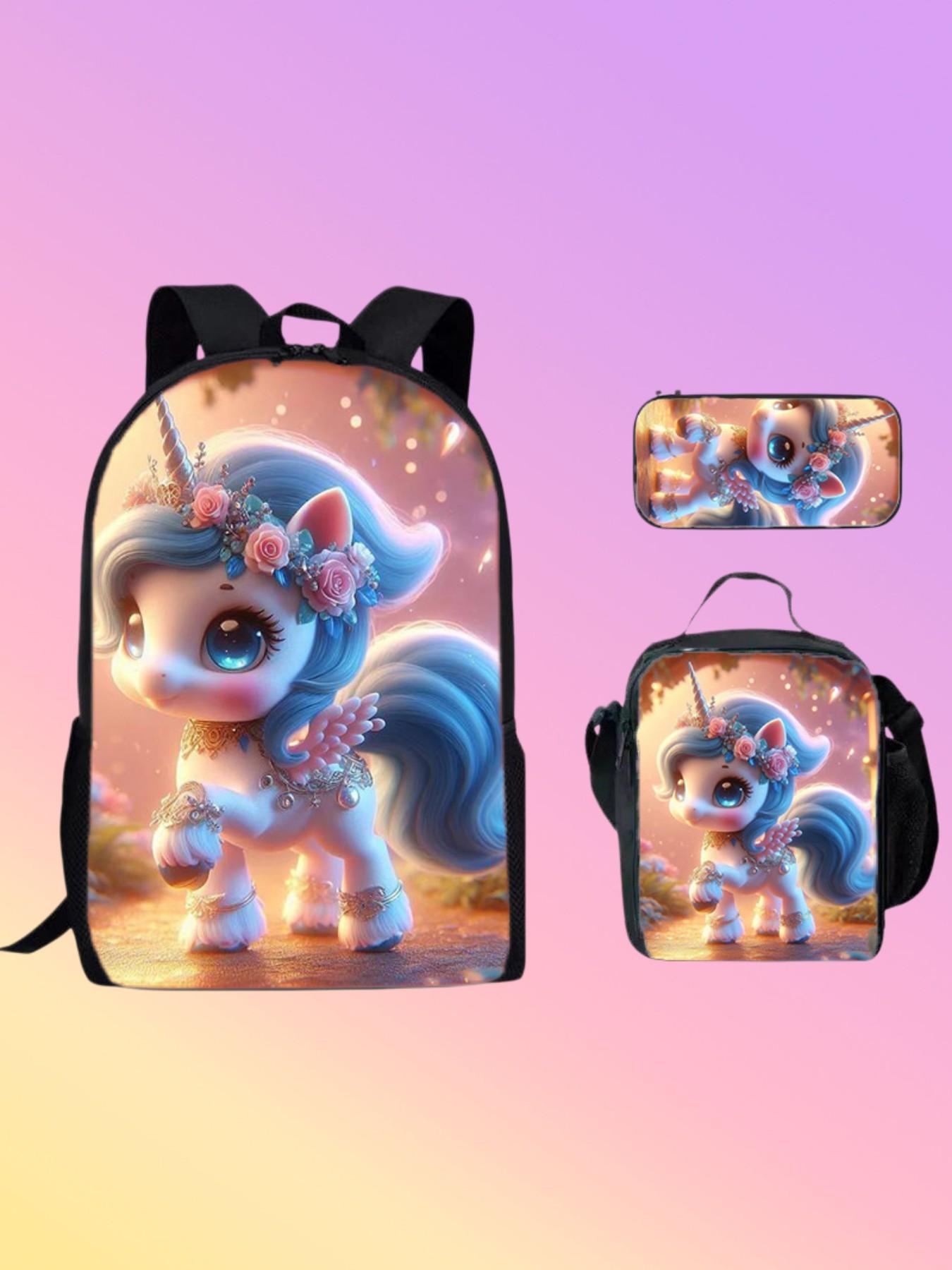 Cute Unicorn Backpack Set for Girls, Rainbow Umbrella Print School Bag, Includes Lunch Box and Pencil Case, Lightweight Kids Bookbag