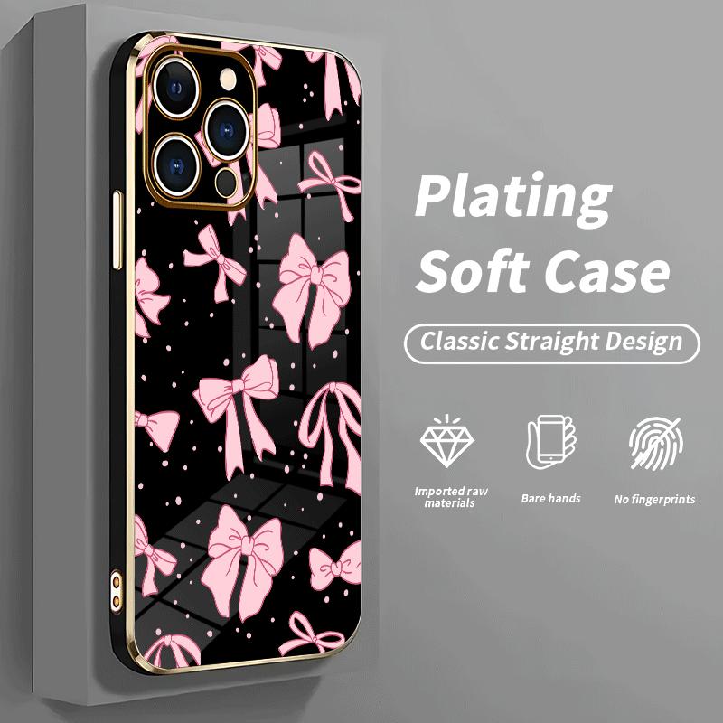 Full screen pink bow tie Soft&Flexible Electroplating TPU Silicone Phone Case For iPhone 17 Pro Max AIR 16 15 14 13 12 11 Plus Cases Durable|Shockproof|Full Camera Protection|Anti-Scratch|Non-Slip|Slim Fit|Gift For Girlfriend/Men/Women