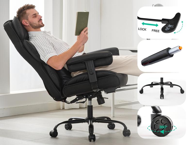Gzagdecr Big and Tall Office Chair 400lbs PU Leather High Back Gaming Chair with Foot Rest Reclining Executive Ergonomic Office Chairs Lumbar Support Computer Chair Adjustable Armrests