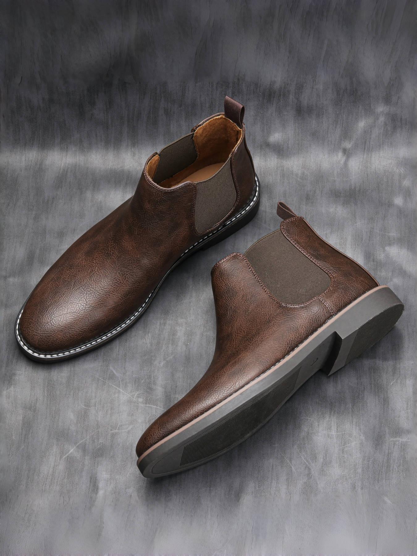 PU Leather Chelsea Boots, Vintage Simple Style, Stitched Elastic Fabric, Thick Rubber Sole Support, Natural Texture, Urban Youth Casual Walking Shoes