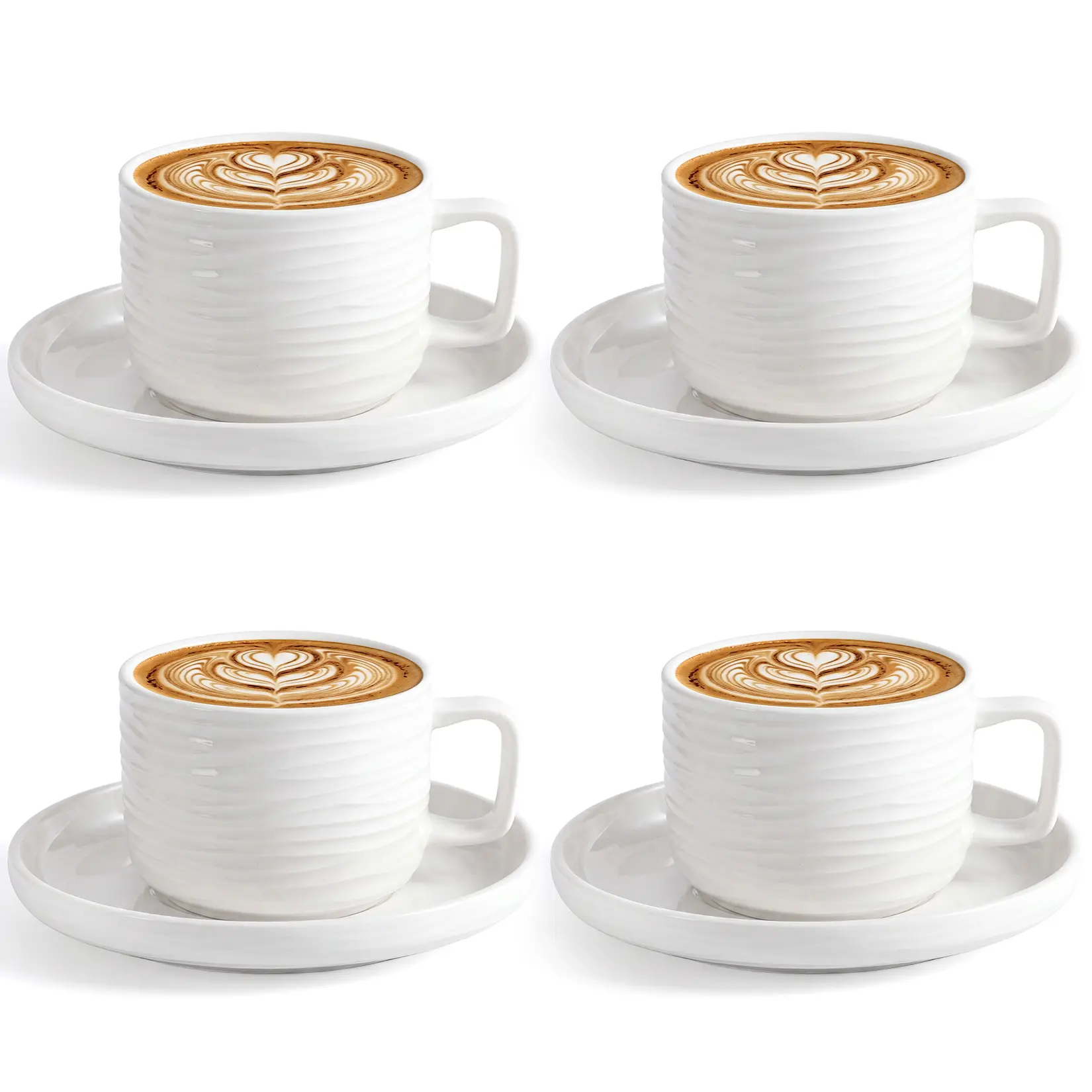 Ceramic Coffee Cup and Saucer Set of 4 – 260 ml Creamy White Ribbed Cups, Elegant Tea Cups with Saucers for Home, Café & Gift Giving