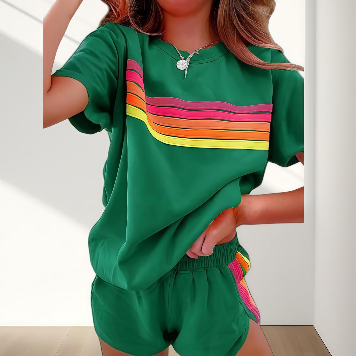 Women's Short 2-Piece Rainbow Strip Outdoor Sportswear Set - Loose Fit Crop Top & Bottoms, Solid Round Neck, Short Sleeves, Lightweight Breathable Blend Clothing, Baby Blue, Baseball Use, Light Spandex Women's Clothes tiktokshopspringglowup, 2 Piece Sets,