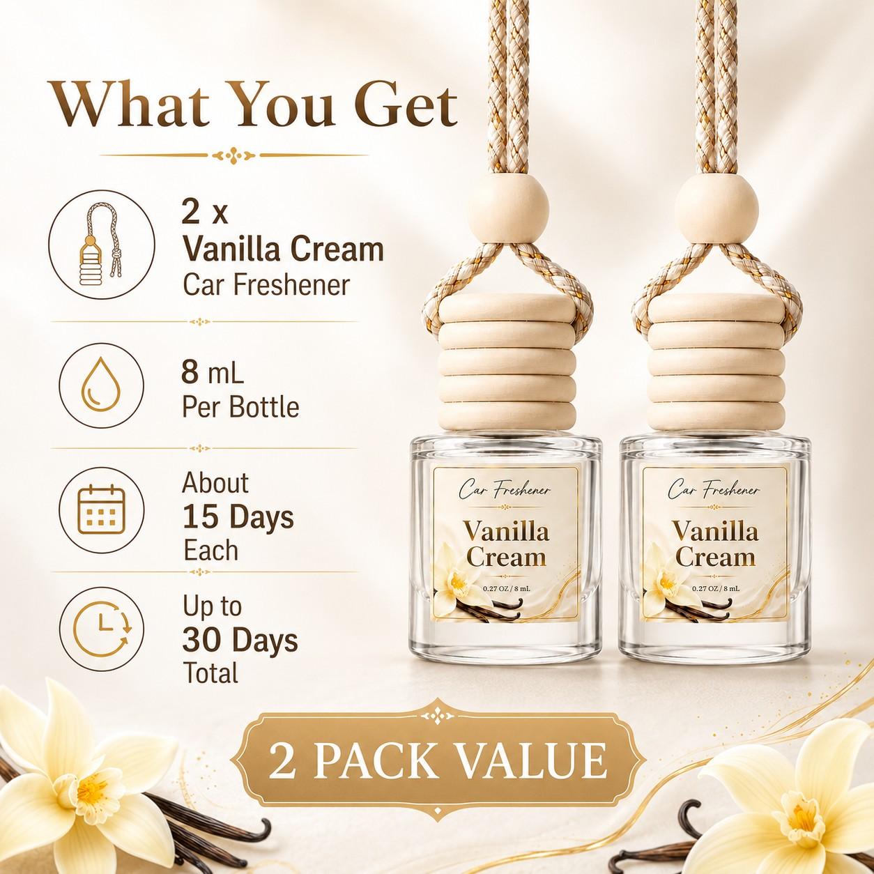 2 Pack Vanilla Cream Car Air Freshener, Car Perfume, Long Lasting Sweet Scent, 8ML Bottle, Hanging Car Freshener for Auto Interior, Car Accessories