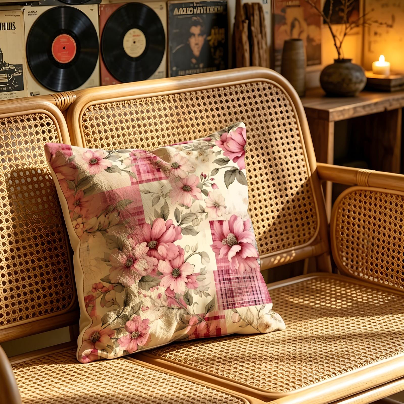 Vintage Floral Gingham Patchwork Digital Print Throw Pillow, Soft Square Decorative Accent Pillow Cushion Includes Pillow Core, Cottage Style Pillow for Sofa Couch Window Bench, Machine Washable Country Home Decor Gift for Women, Polyester Fiber Cushion