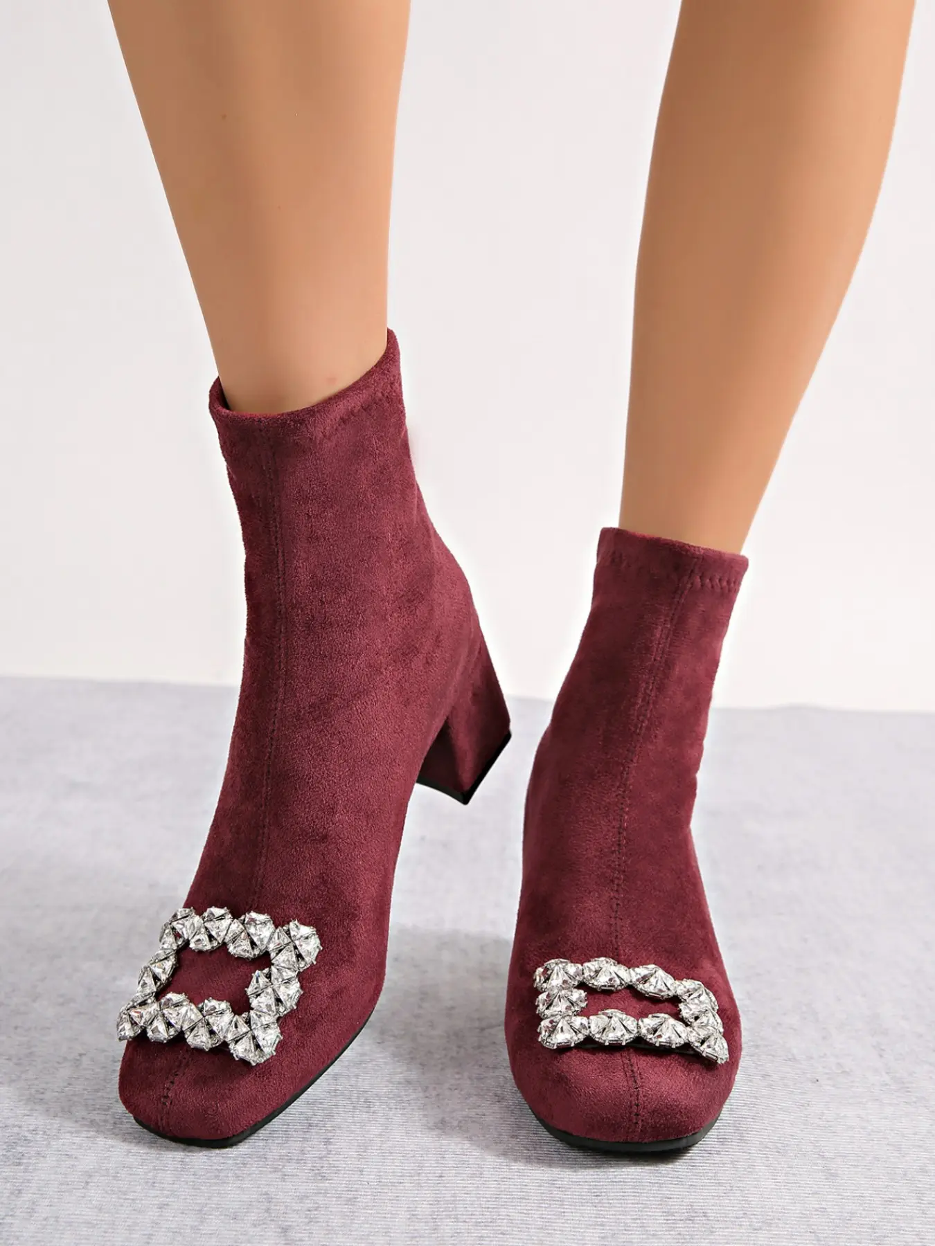 Women's Fall Winter Elastic Anklet Boots, Square Toe Low Heel Back Zipper Slim Boot, Sparkly Rhinestones, Elegant Wedding Party Shoes