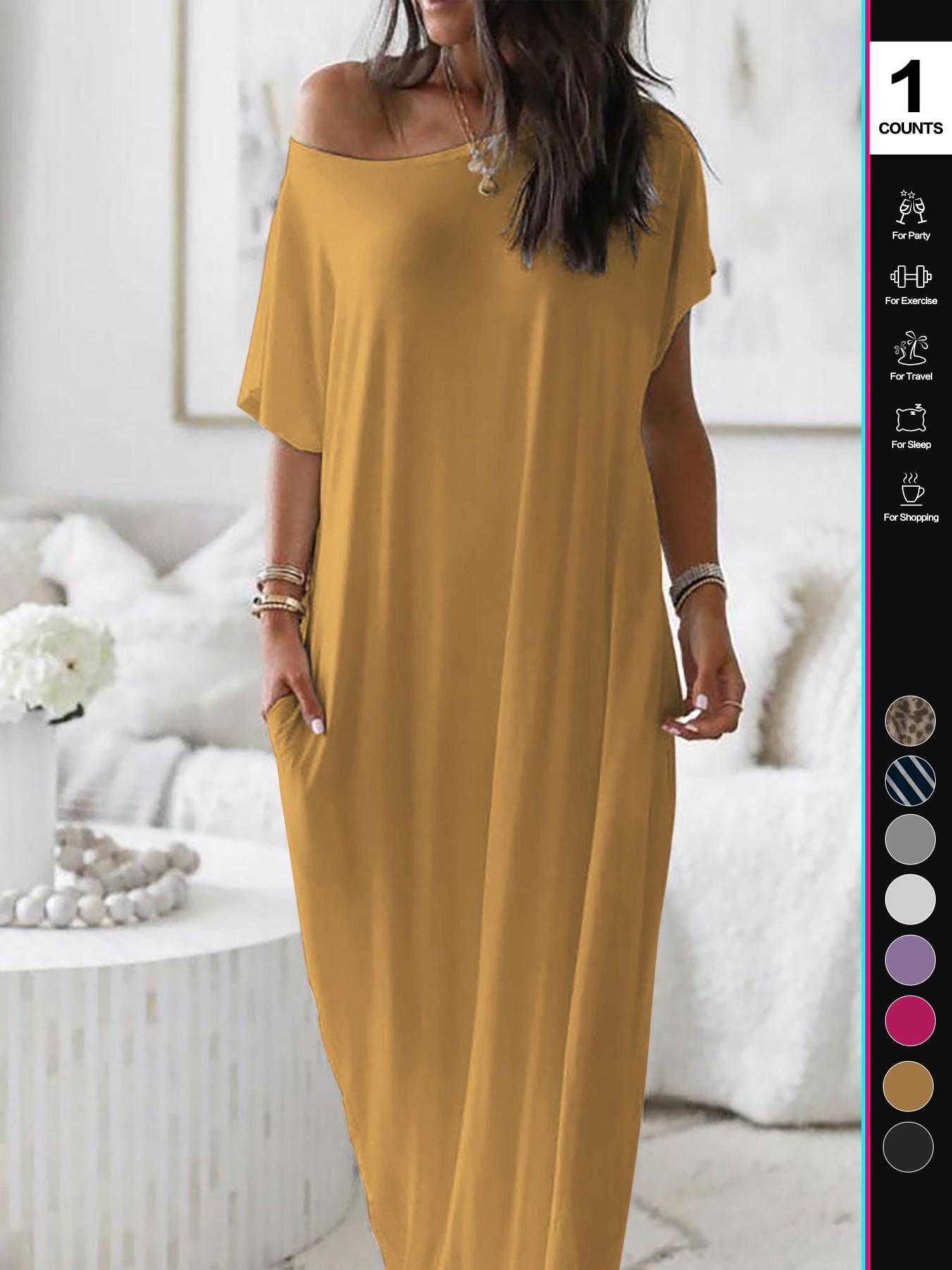 2026 Women's Solid Color Casual Loose Batwing Sleeve Loungewear Homewear Dress, Comfortable Daily Wearing Nightdress, Versatile Ladies' Sleepwear for All Seasons