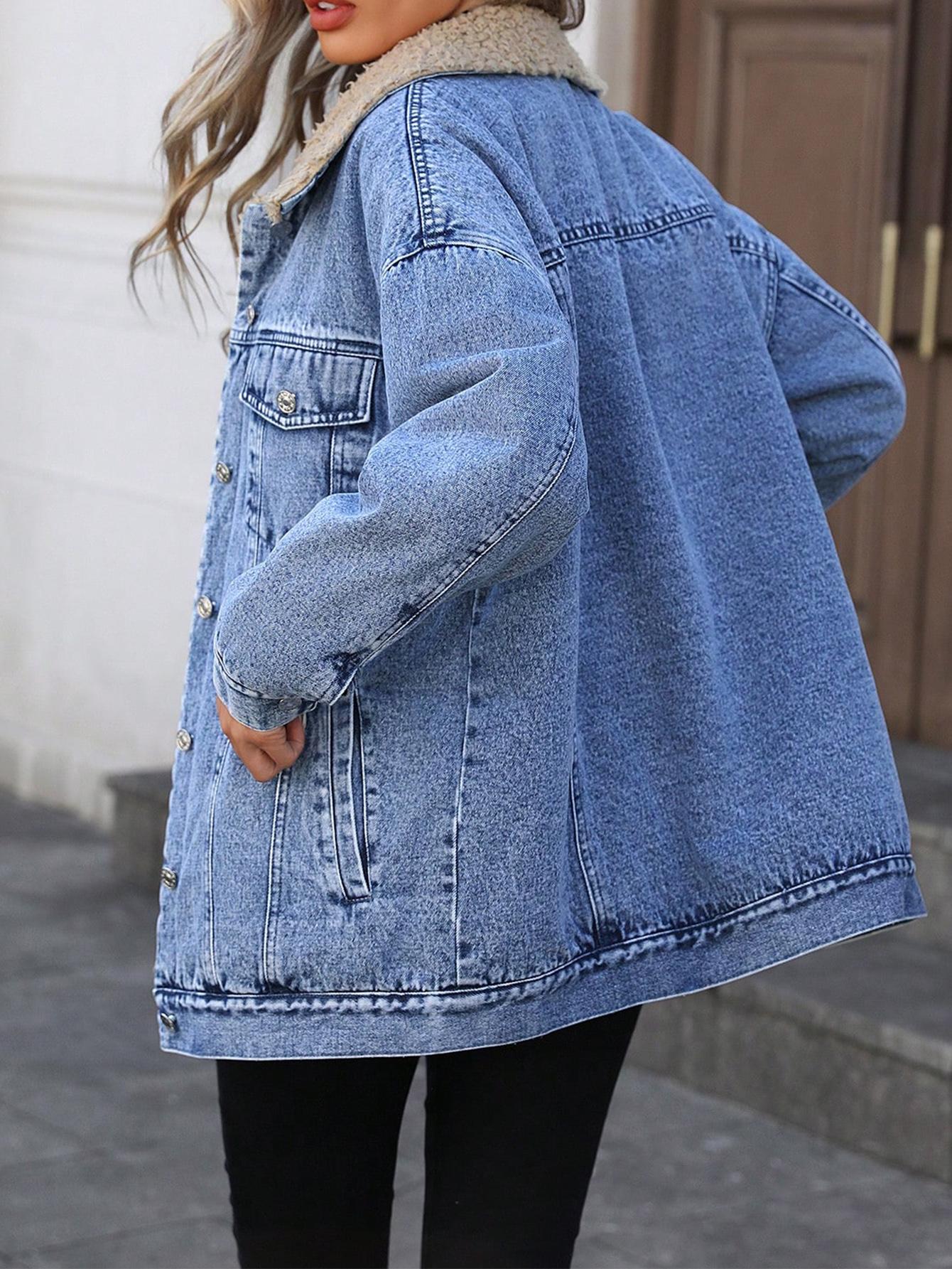 Women's Fall Winter Casual Jacket, Elegant Solid Color Stand Collar Thick Warm Denim Coat, Versatile Outerwear for Women