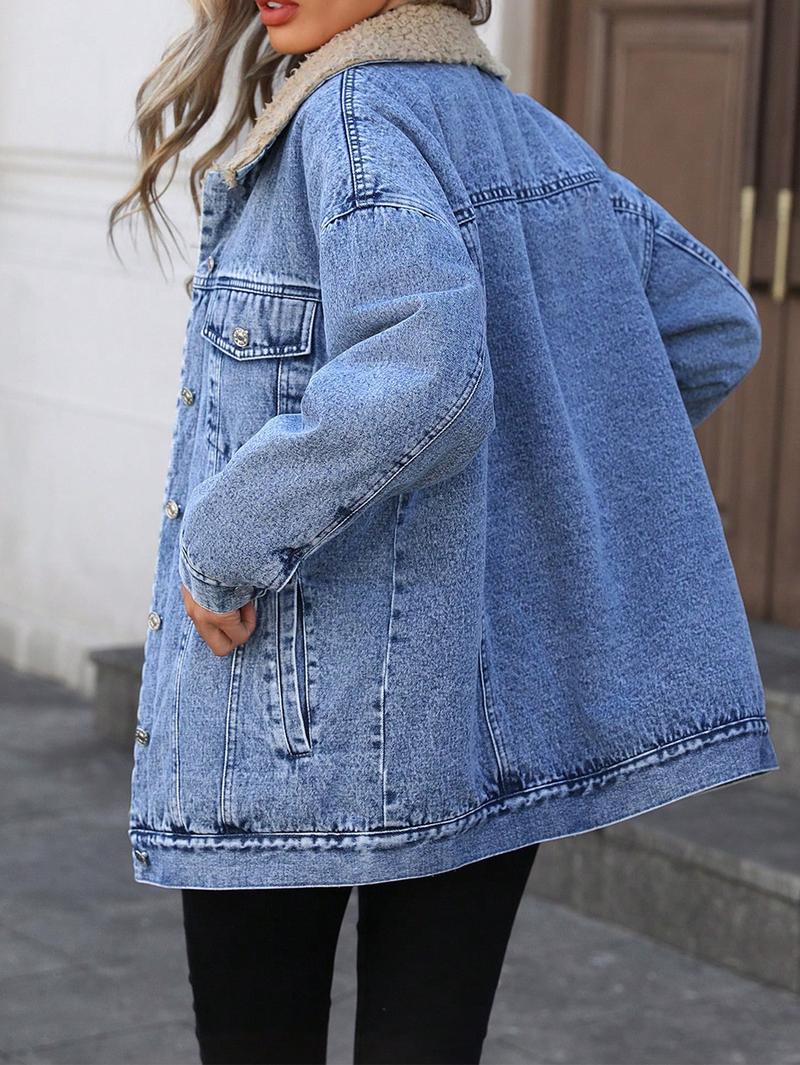 Women's Fall Winter Casual Jacket, Elegant Solid Color Stand Collar Thick Warm Denim Coat, Versatile Outerwear for Women
