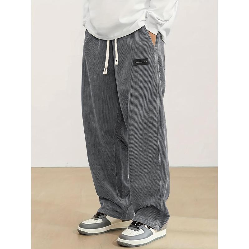 Men's Corduroy Wide Leg, Elastic Drawstring Waist Loose Pants, Lightweight and Breathable Daily Wear with Pocket Pants