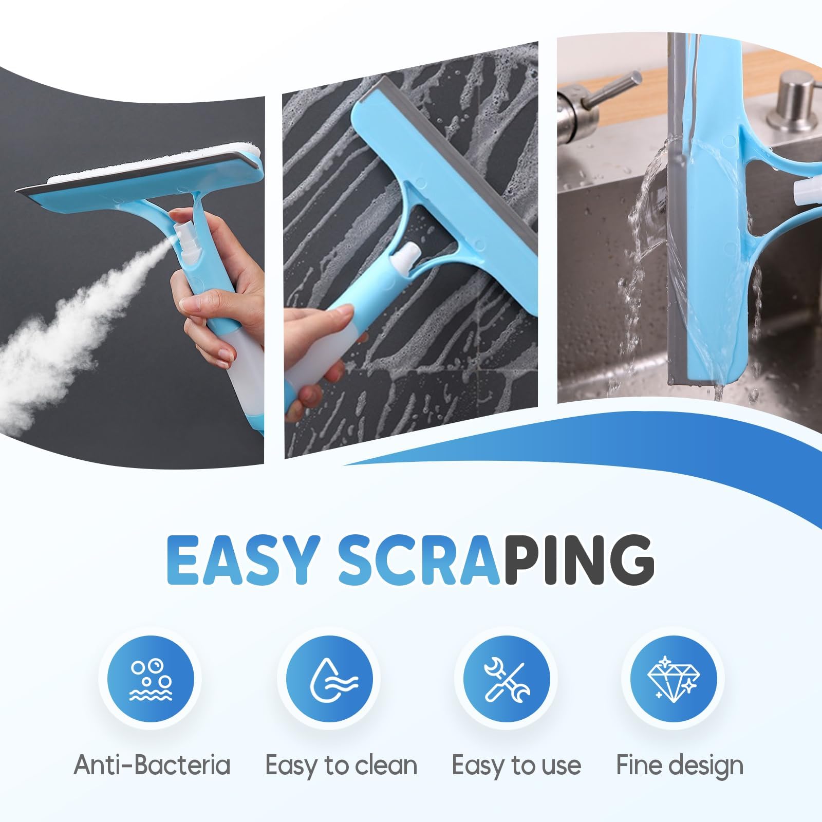 2025 New 3-in-1 Window Cleaning Tool, Multi-Function Spray Squeegee for Glass Doors, Windows, and Mirrors — Includes Scraper, Brush, and Spray Function. All-Purpose Glass Cleaner.