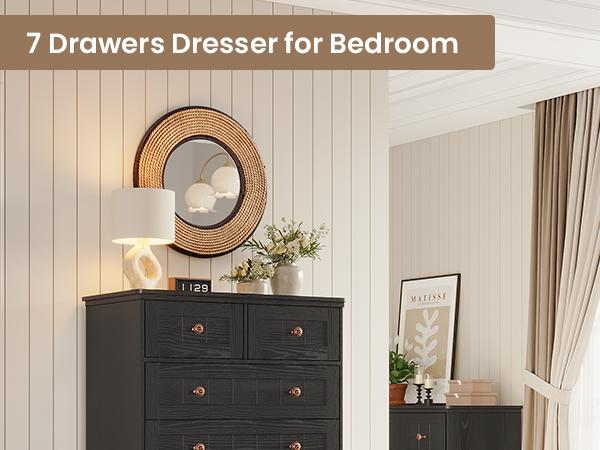 Hasuit | 51.4 Inch Tall Dresser Farmhouse 7 Drawers Dresser with Hand Carved Panel Dressers Chest of Drawers Large Wood Closet Storage Organizers