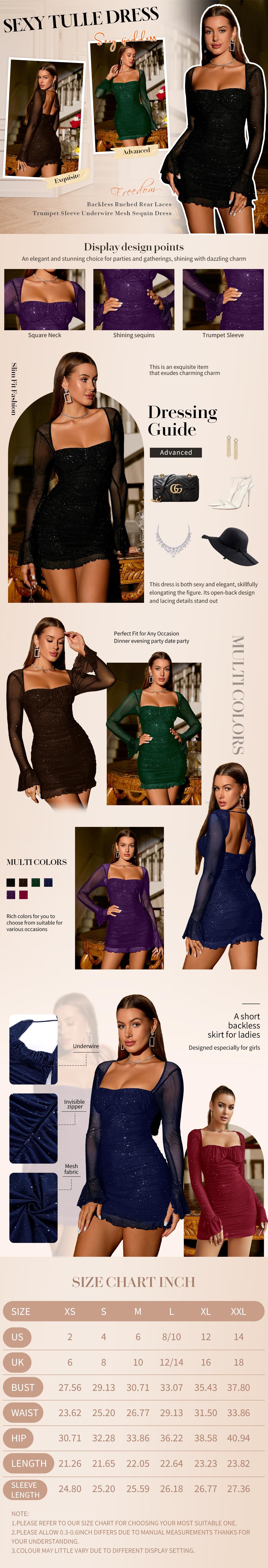 Women's Glitter Contrast Mesh Long Sleeve Ruched Mini Bodycon Dress, Lady Comfort Casual Elegant Fashion Chic Square Neck Lettuce Trim Tight Dresses for Party Dinner Holiday, Party Dress, Birthday Dress for Women Casual