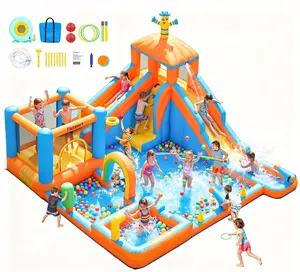 FBSPORT Inflatable Water Slide Bounce House, Double Water Slides Bounce House, 11 in 1 Water Park Bouncy Castle for Backyard Outdoor with 750W Blower, Pool, Climbing Wall, Rainbow Door