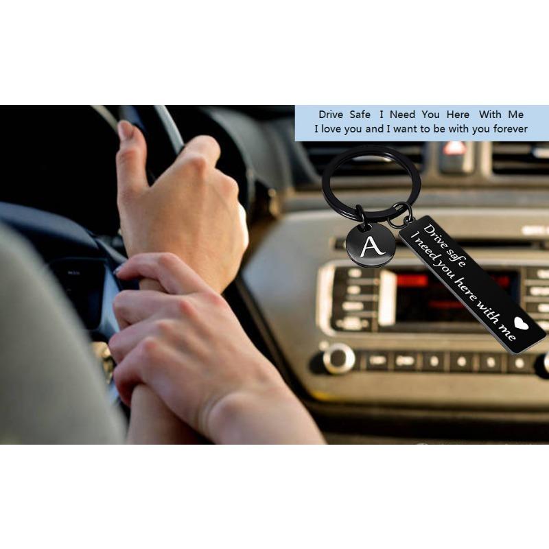 Metal Drive Safe Slogan Keychain with Heart Message - Customizable Personalized Letter Charm Key Tag, Car Key Rings, Daily Reminder Gift for Men, Birthday Gift for Partner