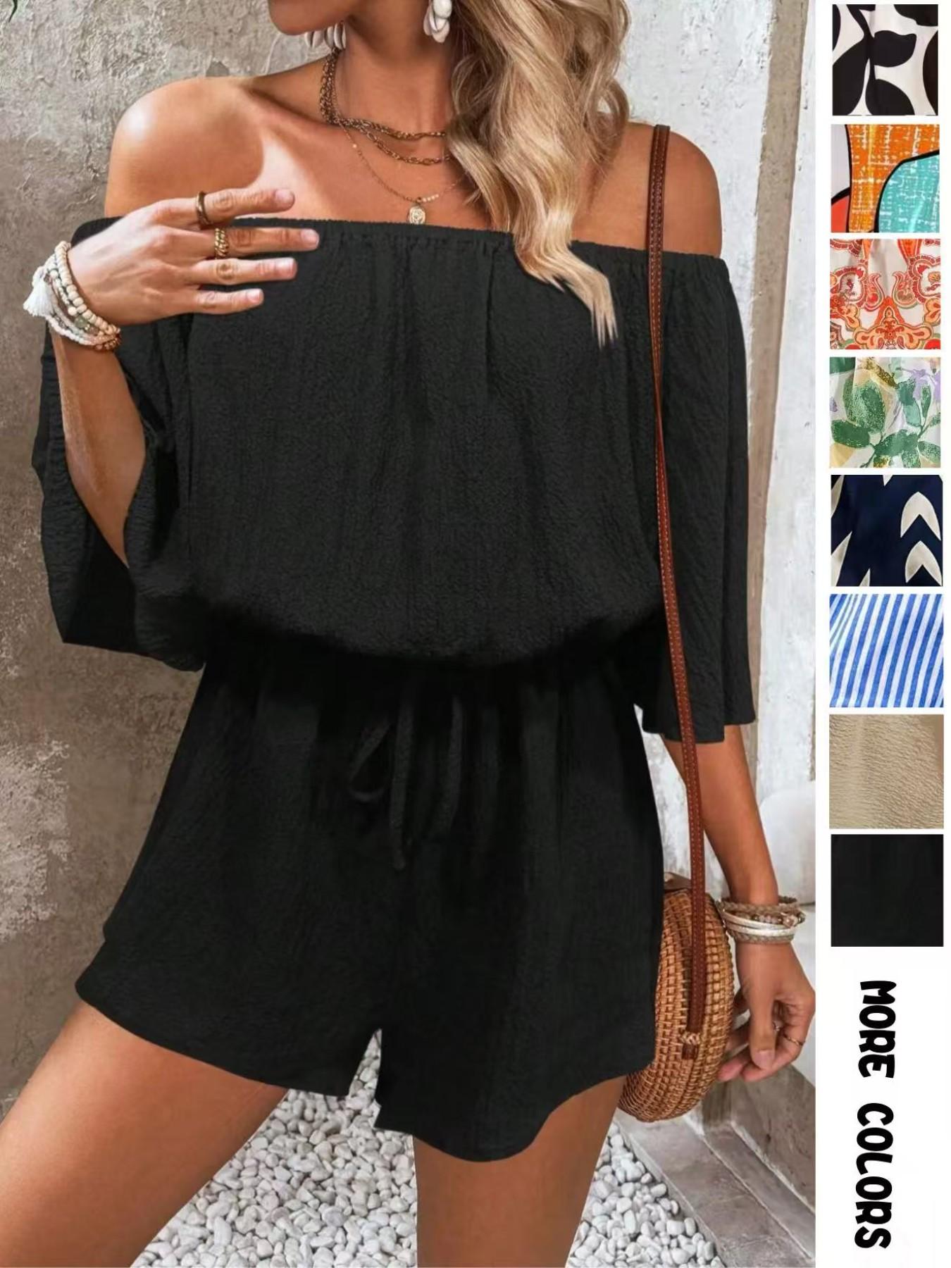 Women's Leaf Print Off Shoulder Tie Front Adjustable Lightweight Feminine Bohemian Romper. Casual Short Flounce Sleeve Romper for Summer. Fashion Women's Clothing Womenswear for Beach Holiday Vacation