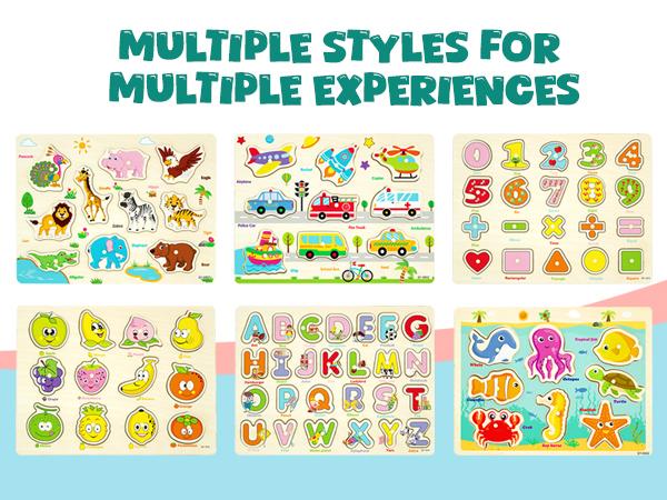 edutree Wooden Peg Puzzles for Toddlers 1 2 3 4, 6 Pack Educational Peg Puzzles Montessori Toys, Learning Puzzles for Kids Girs Boys with Alphabet Number Animal Vehicle Shape, Halloween gift