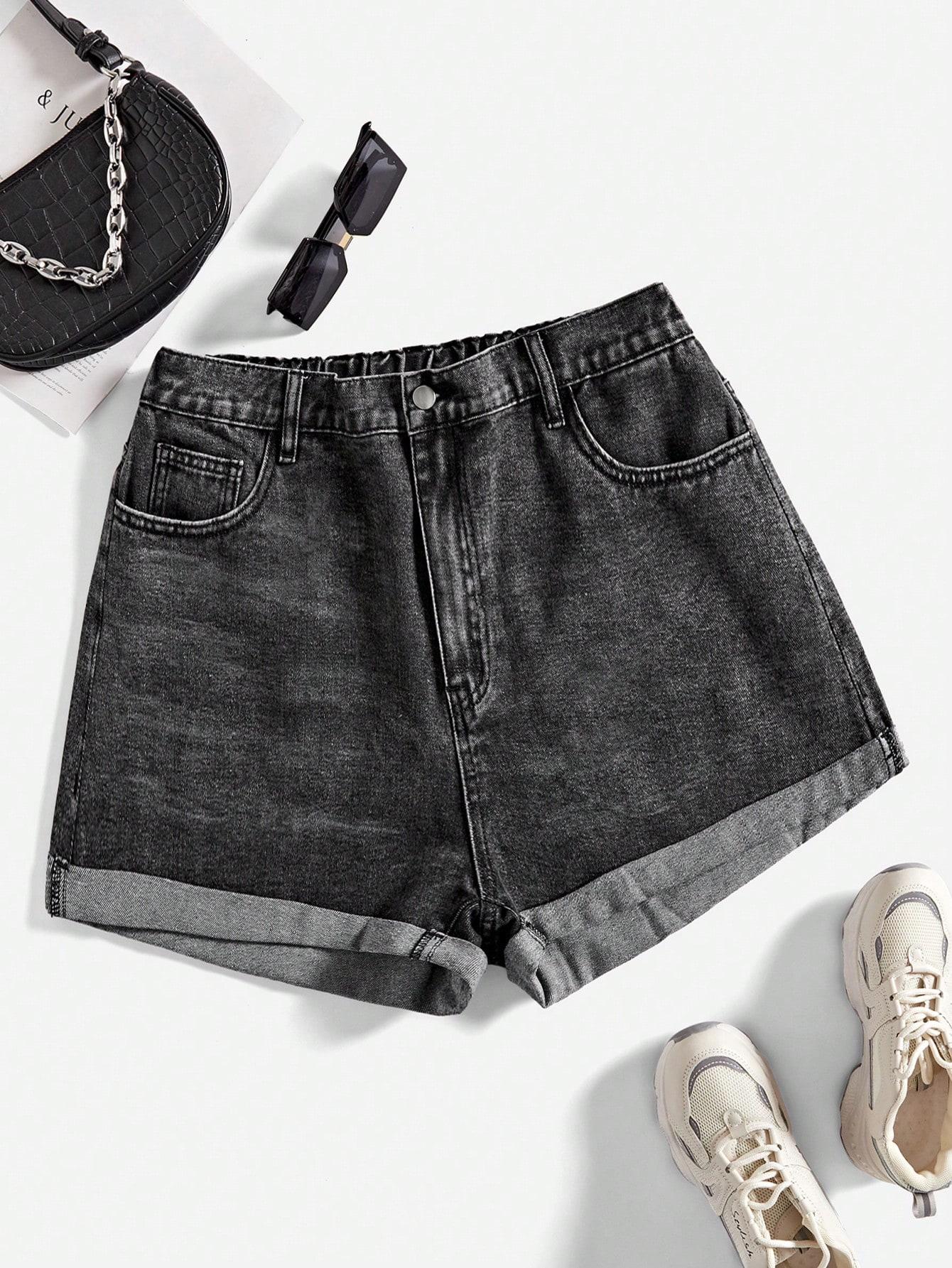 Women's Plus Size Basic Washed Denim Shorts, Denim Mom Shorts, Cuffed Denim Shorts, Folded Hem, Casual Summer Wear, Comfortable and Stylish, Perfect for Daily Use