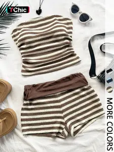 Cute striped 2-piece set ， Smocked tube top + shorts — perfect for summer outings