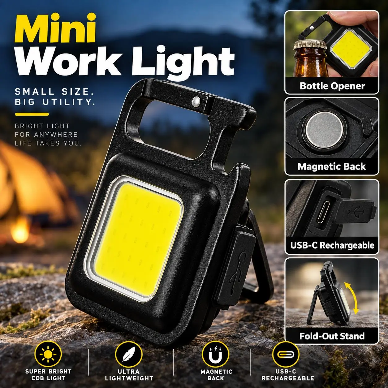Multi-Functional Keychain Flashlight, Portable Mini Magnetic Work Light, Outdoor Camping Emergency Pocket Light
