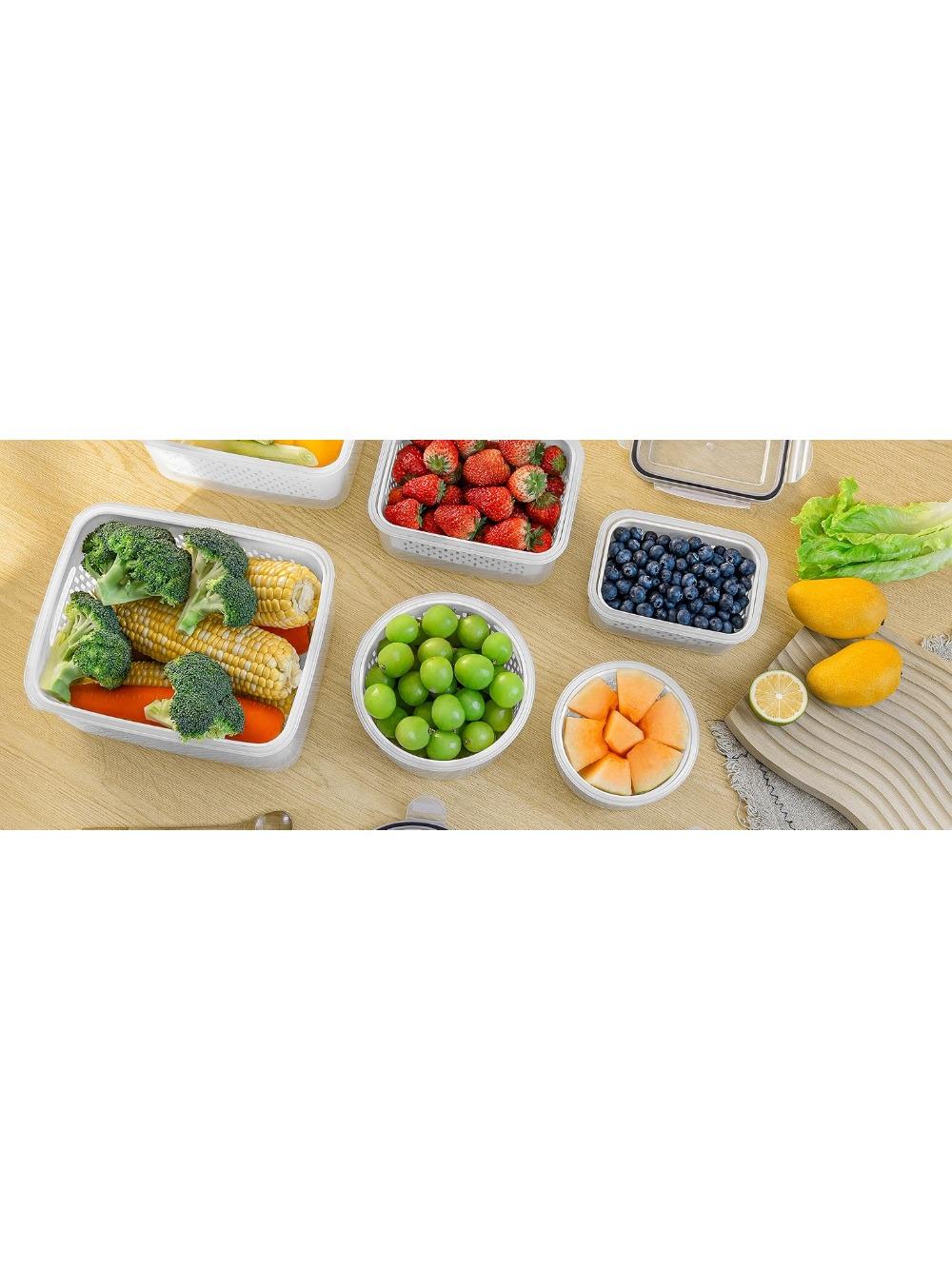 3 Pack Large Capacity Fruit Vegetable Storage Container with Detachable Drainer Basket BPA Free Refrigerator Safe Fridge Storage Organizer Dishwasher Safe Food Fresh Keeper for Berries Vegetables