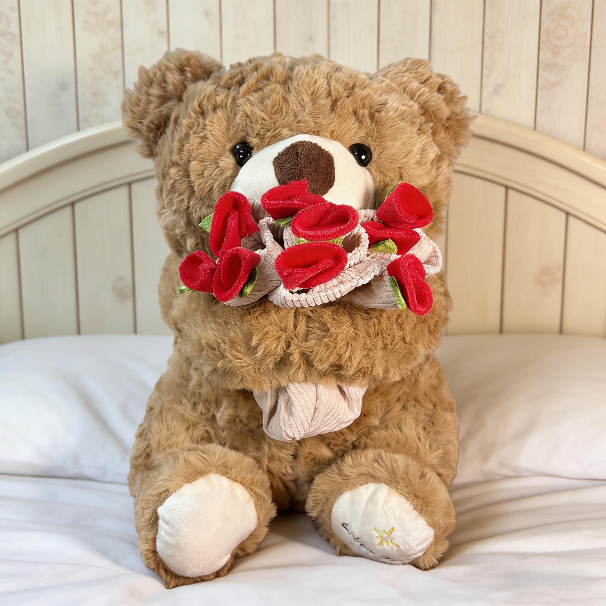 1PC Mother's Day Gift - Flower Holding Teddy Bear, Rose Teddy Bear, Wedding Decoration Plush Teddy Bear - Soft Stuffed Animal Toy, Ideal Gift for Mother's Day/Wedding Decorations/Anniversaries/Birthdays and Romantic Occasions
