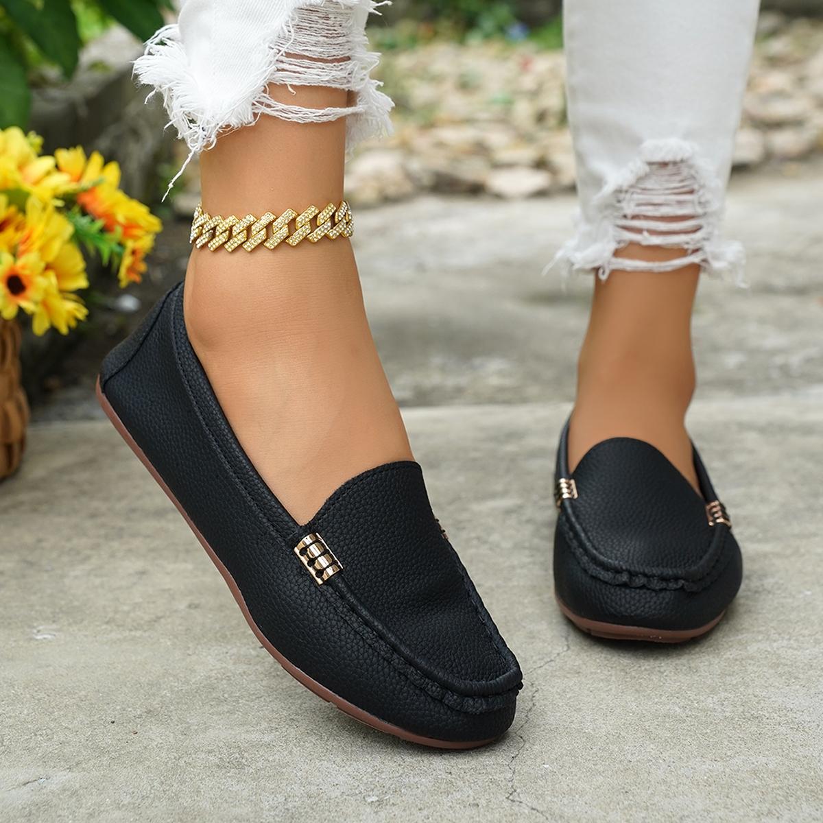 Women's Classic Plain Low Heel Shoes, Fashionable and Sexy, High-End Slant Metal Chain Decoration, Comfortable Casual Loafers, Slip On Shoes