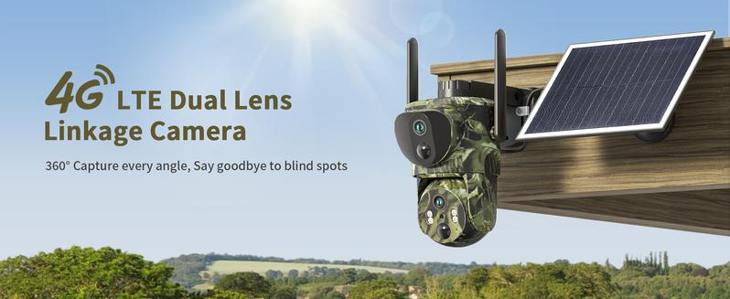 Dual Lens Linkage 4G LTE Cellular Trail Cameras DC24S-Solar Powered Surveillance, 360° Pan Tilt,2K Live View, No WiFi, Cellular Data Replenishment Required