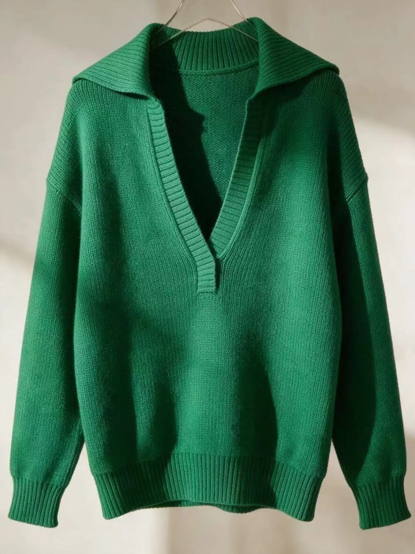 Vintage Jade Large Collar Knit Sweater for Women, Spring Fall Loose Fit V Neck Long Sleeve Pullover, Soft Textured Fabric