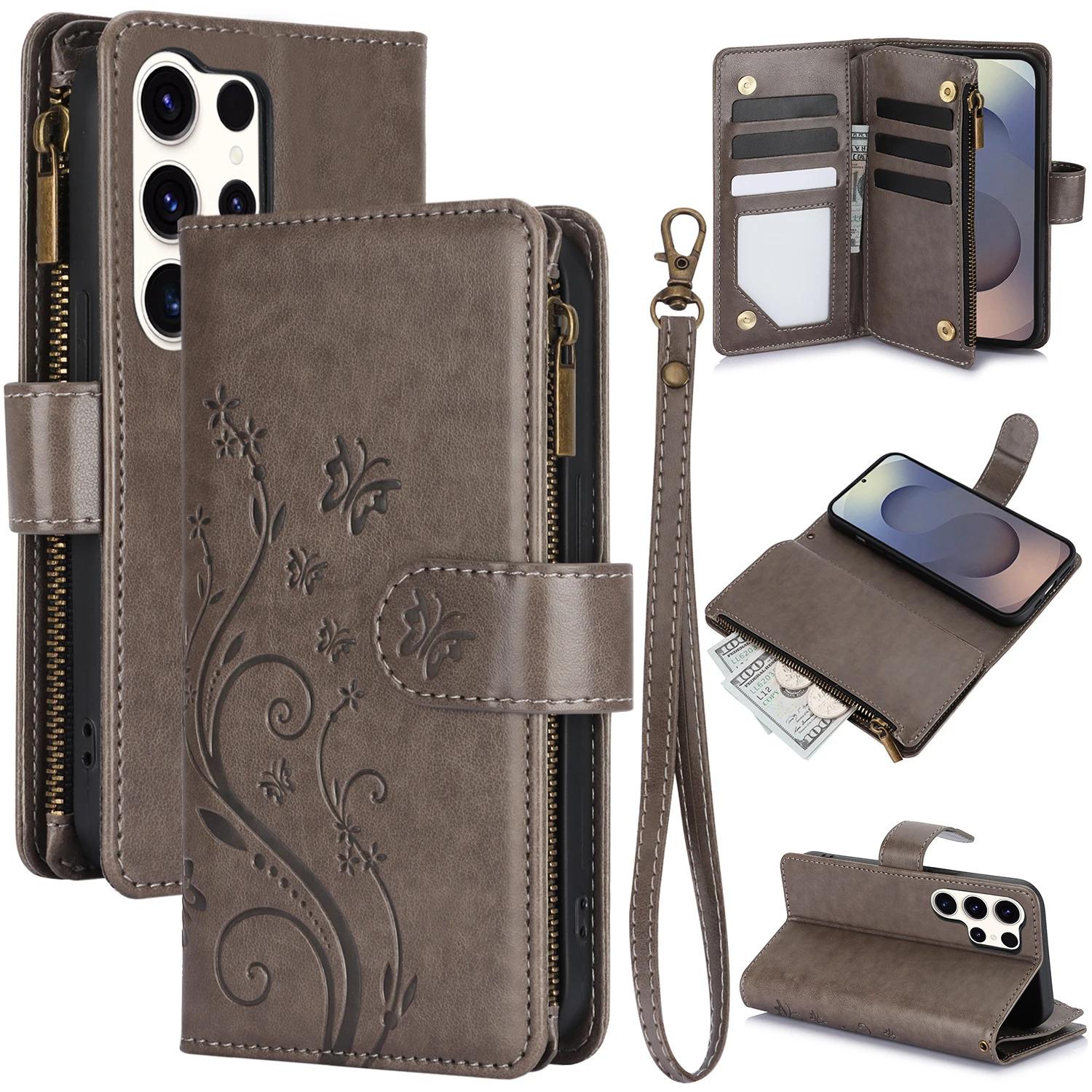 Zipper Cards Solt Wallet Leather Emboss Butterfly Tree Bag Case For Samsung Galaxy S26 S25 Ultra S25 Plus S24 S23 A26 A36 A56 Cover