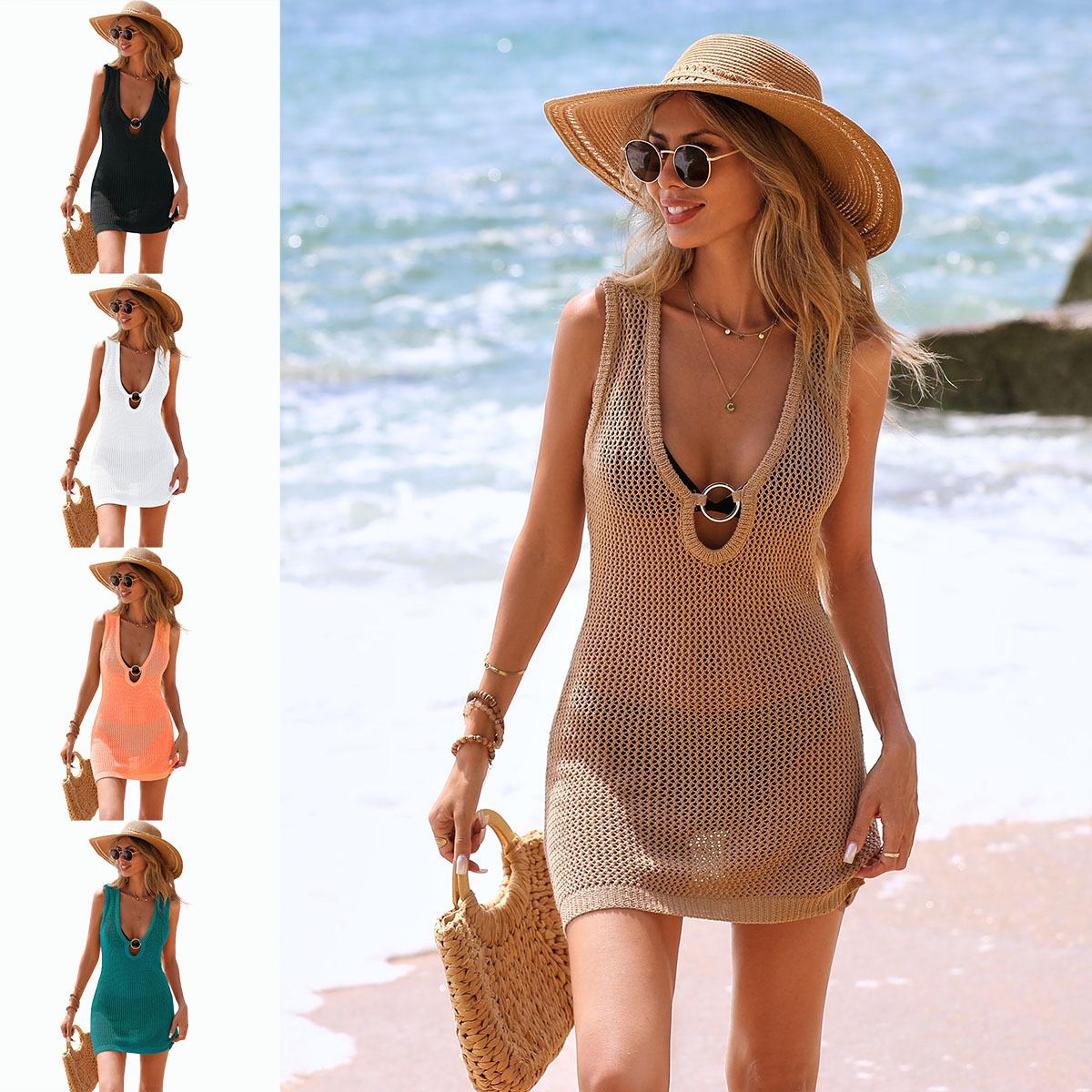 Women's Sexy Deep V-Neck Beach Cover-Up Dress - Tank Style, Cutout Design, Beach Maxi, Beach Cover Ups, Swimwear Cover Up