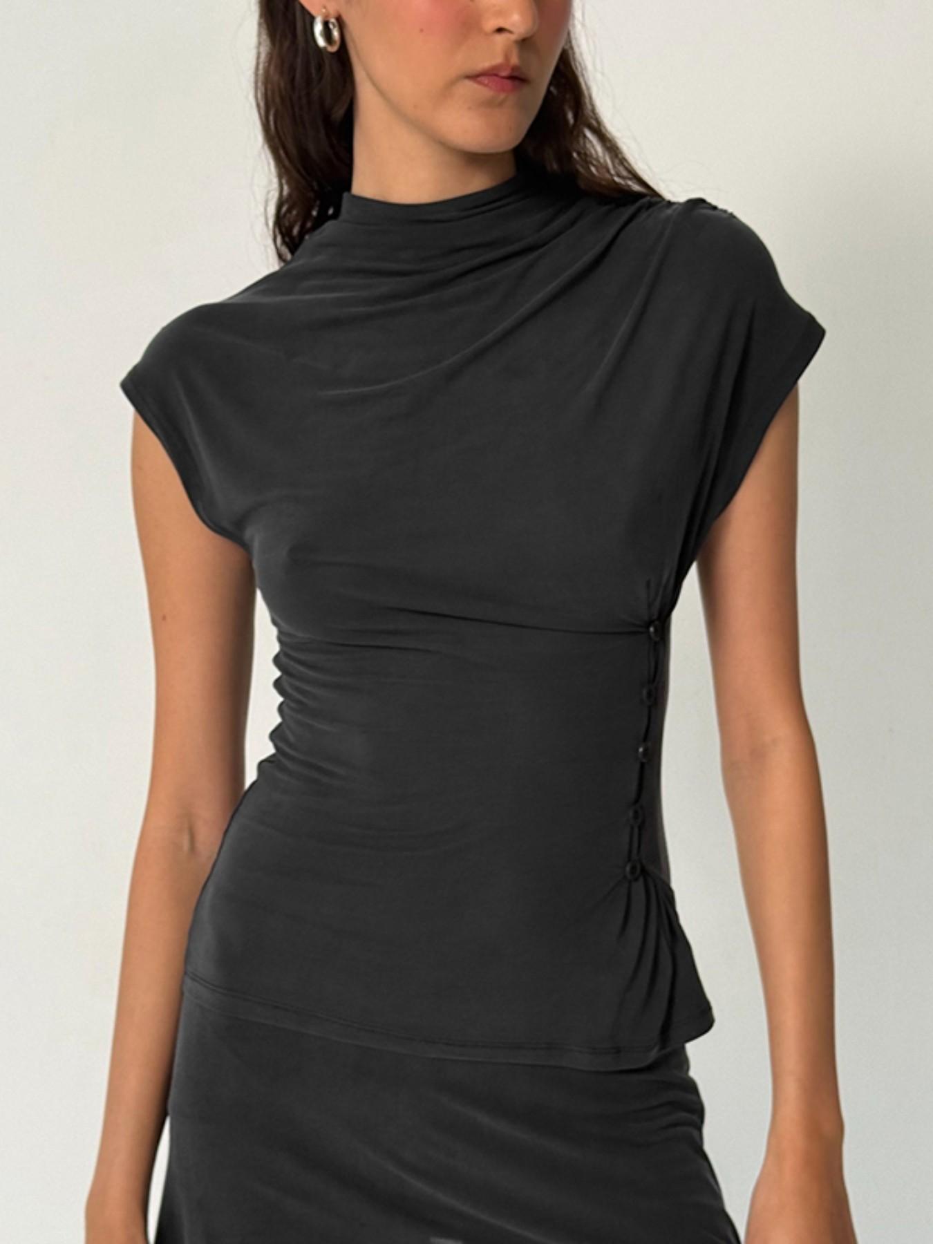 Women's Flutter Sleeve Ruched Waist Short Fitted Commuter T-Shirt, Unique Button Design, Fashionable and Versatile, Casual Style, Button Closure Shirt