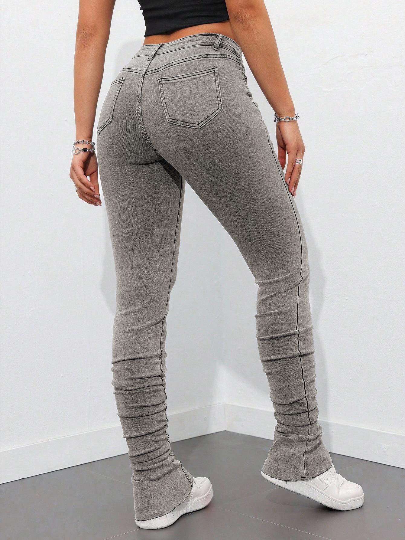 Plus Size High Waist Stretch Ruched Wrinkle Tight High Rise Jeans, Casual Fashion Denim Streetwear Plain Surface Unlined, Comfortable Slim Fit for Everyday Wear, Pants