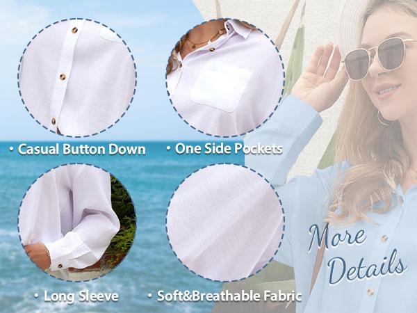 JEKAOYI Womens Oversized Casual 100% Cotton Button Down Long Sleeve Shirts V-neck Collared Work Summer Blouse Tops with Pockets