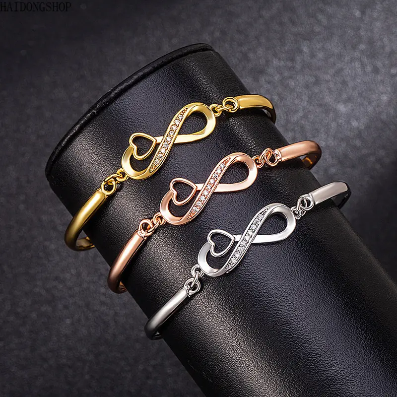 Rhinestone Inlaid Rose Gold Silver Cross Infinity Heart Engraved Bracelet for Women, Trendy 8 Shape Heart Wrist Bangle, Elegant Stackable Hand Jewelry, Fashion Statement Accessory for Daily Wear, Dating, Party & Birthday Gift