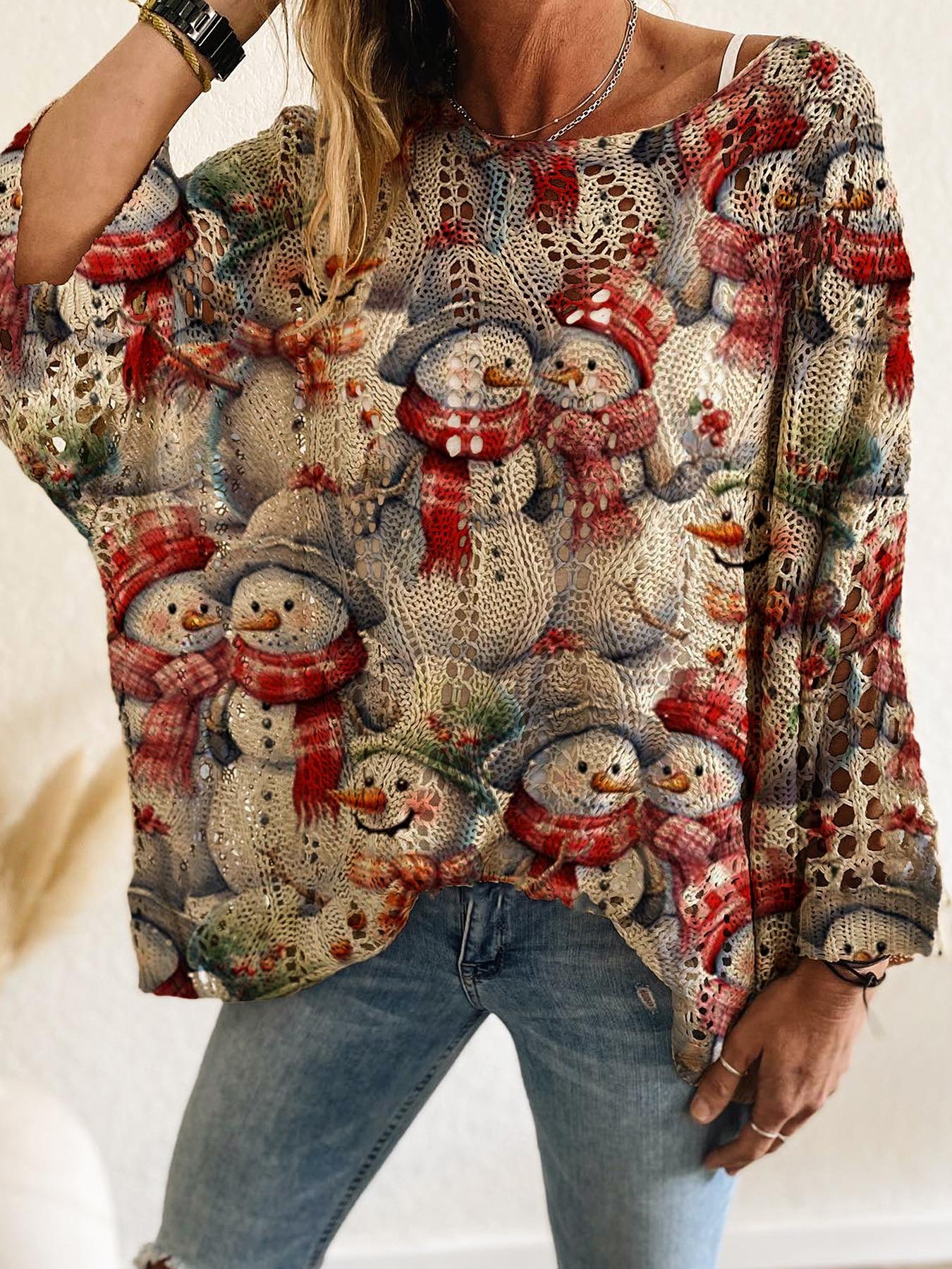 Women's Halloween Pumpkin Print Long Sleeve Knit Top, Casual Elegant Flowy Vacation Style, Loose Fit Batwing Shoulder, Spring Summer Fall Wear