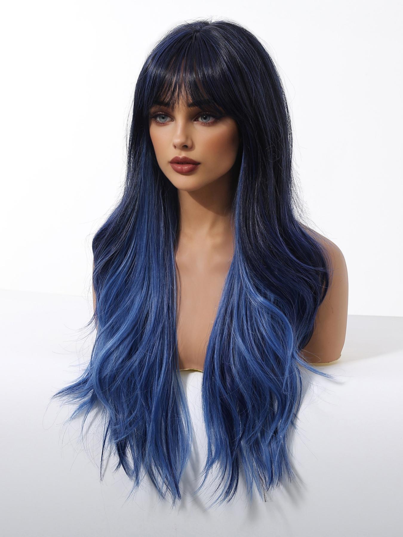 Fashionable New Long Wavy Dark Blue Wigs with Bangs and Blue Highlights, Synthetic Women's Wigs for Daily Use, Parties or Halloween Cosplay Taking Photos